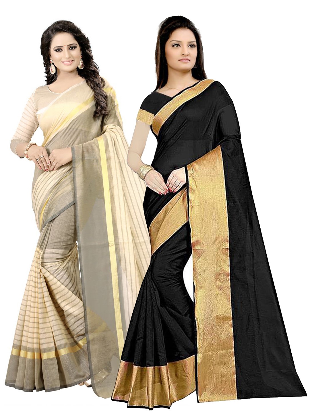 

SAADHVI Black & Beige Set of 2 Striped Silk Cotton Saree