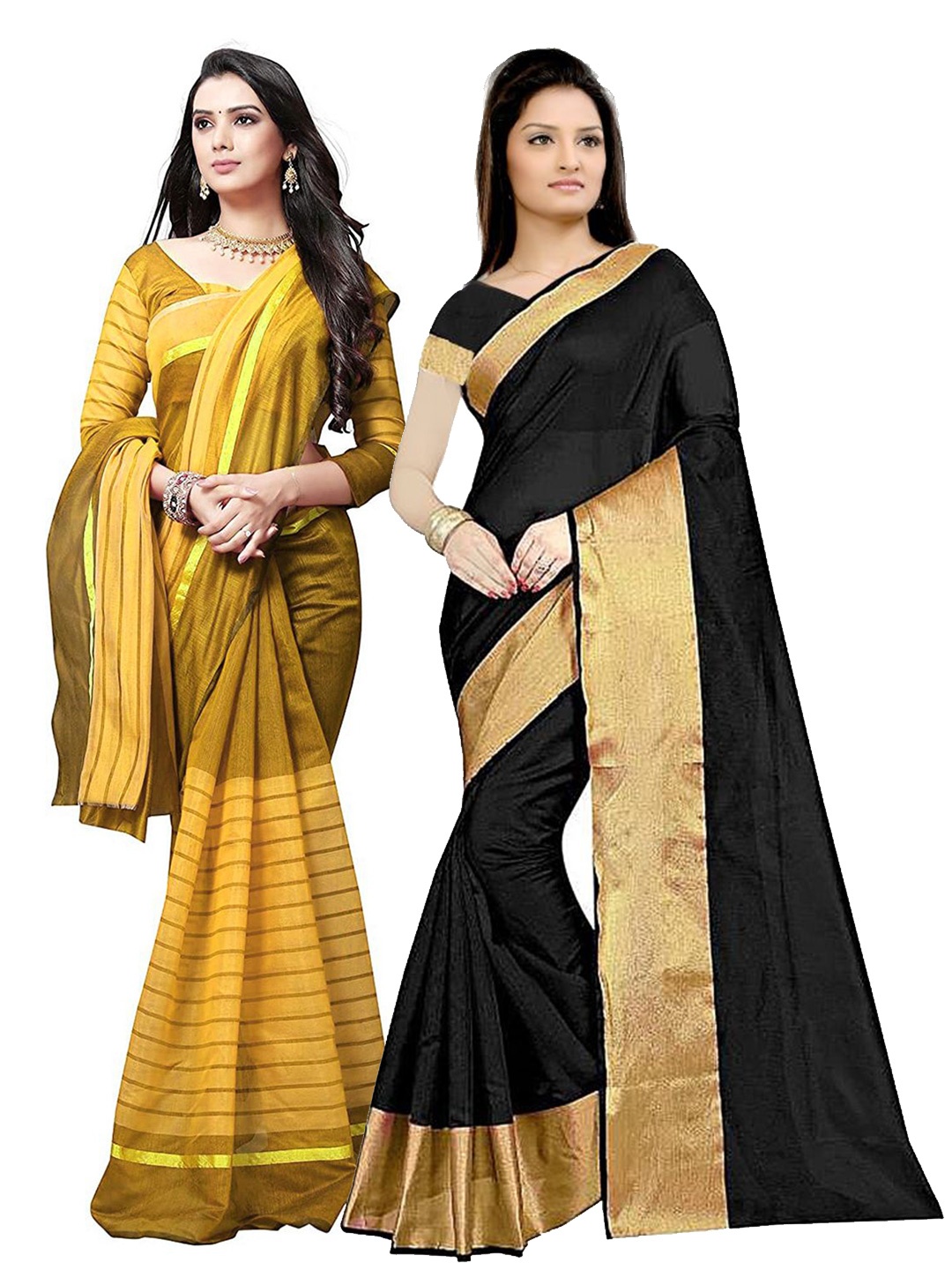 

SAADHVI Black & Mustard Striped Silk Cotton Saree Pack Of 2
