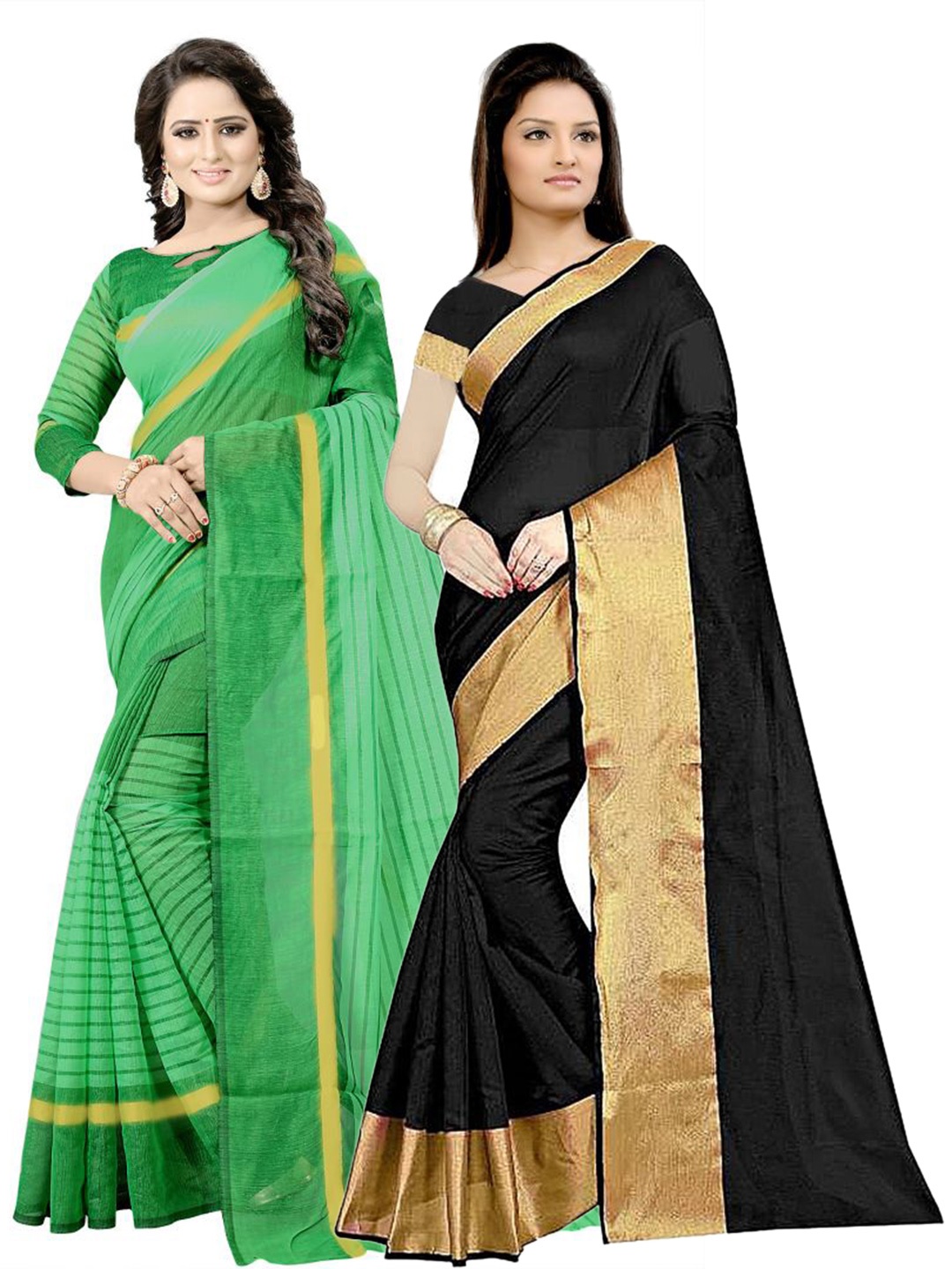 

SAADHVI Pack Of 2 Black & Green Striped Zari Silk Cotton Saree