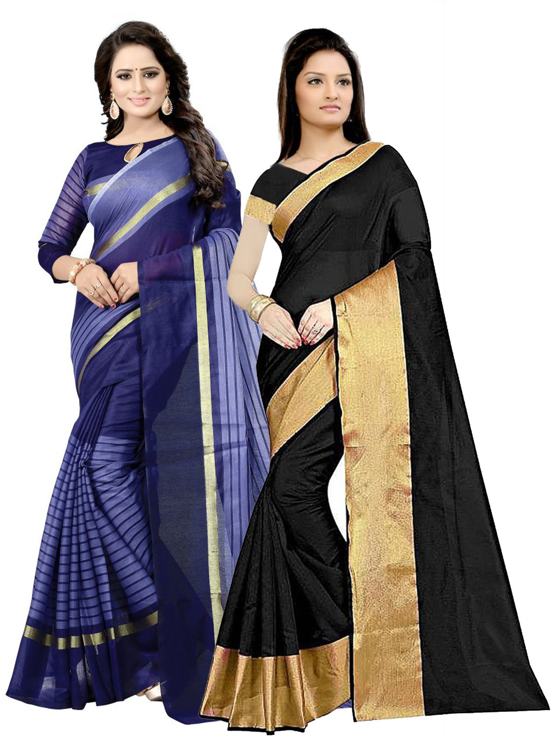 

SAADHVI Pack of 2 Black & Navy Blue Striped Zari Silk Cotton Sarees