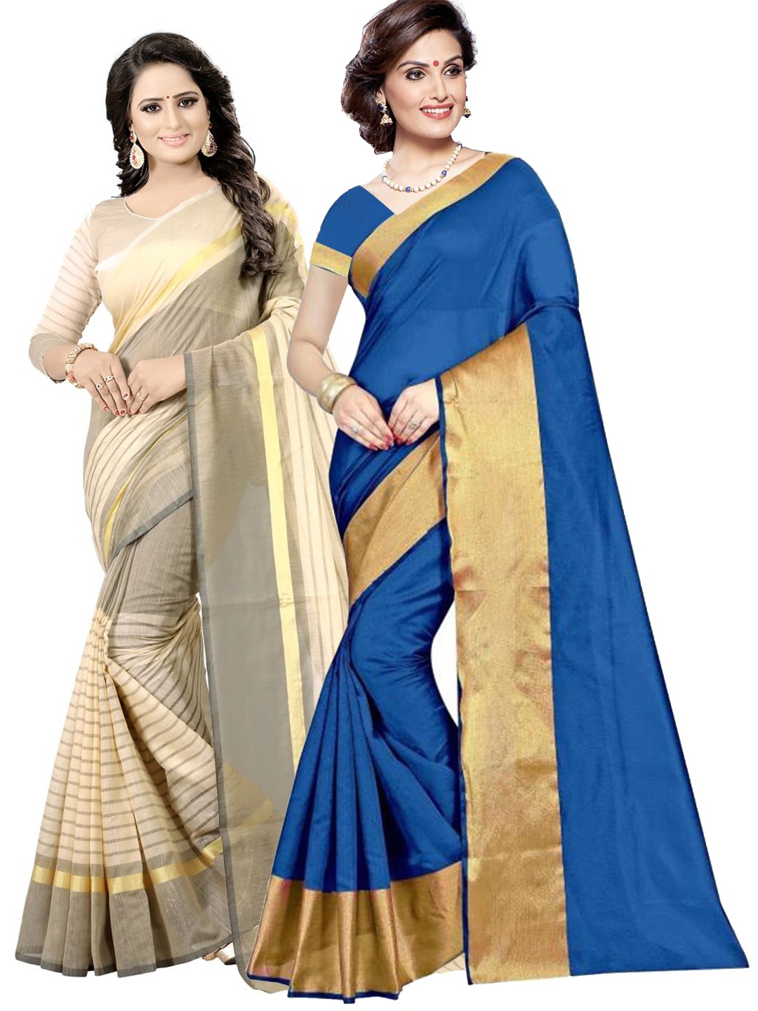 

SAADHVI Set Of 2 Blue & Beige Zari Silk Cotton Saree