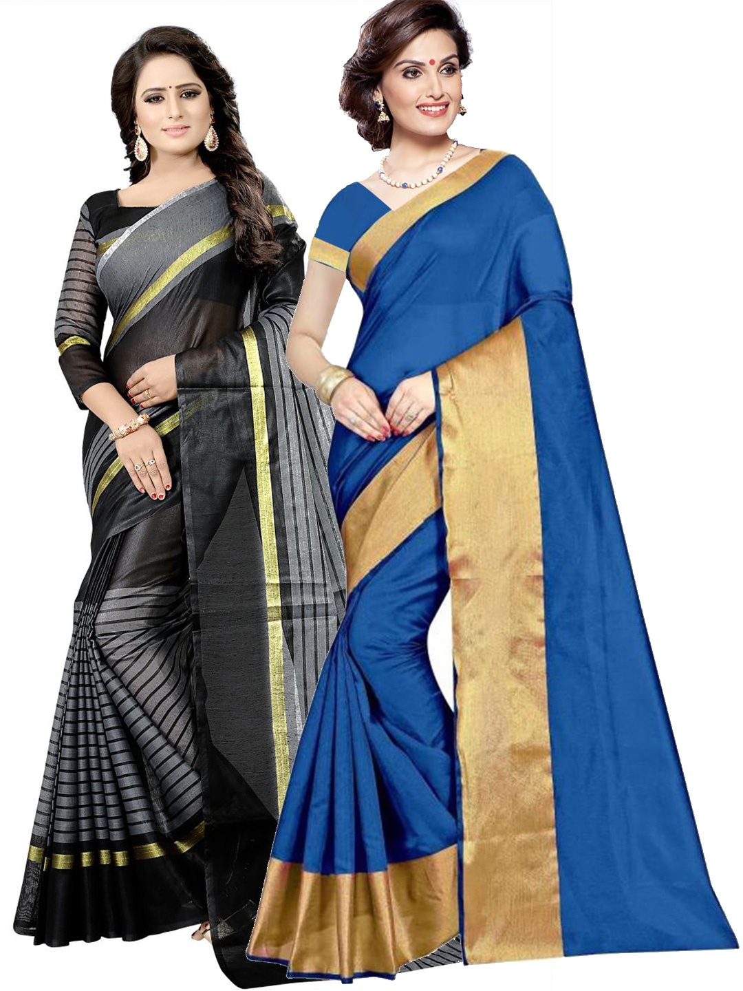 

SAADHVI Pack of 2 Blue & Black Striped Silk Cotton Saree