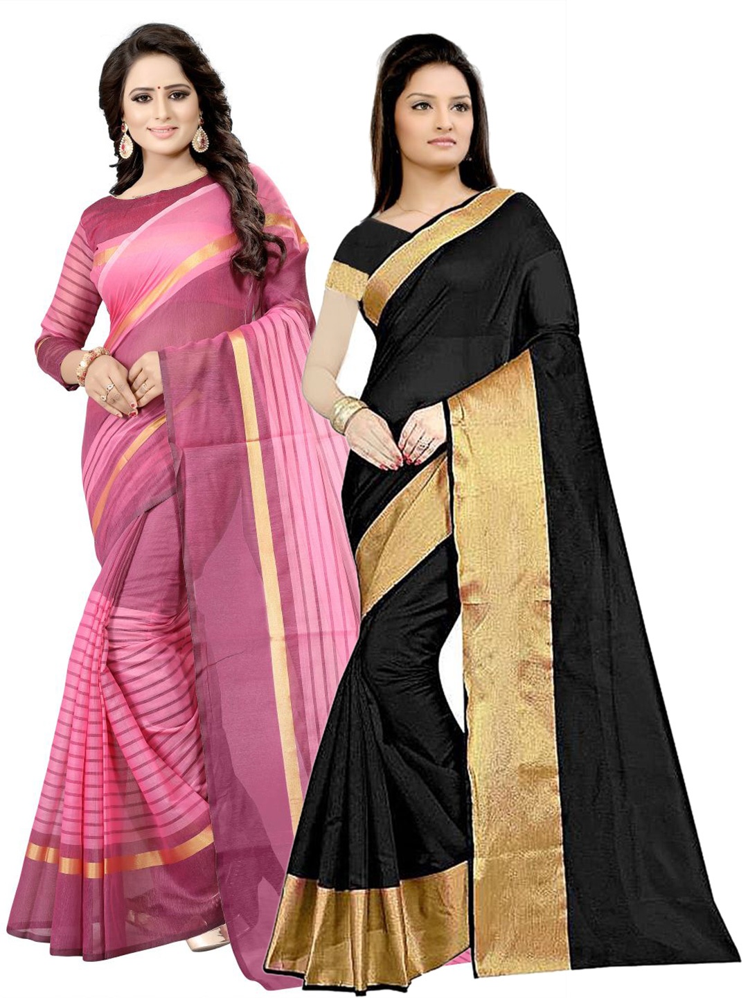 

SAADHVI Black & Pink Striped Zari Silk Cotton Saree