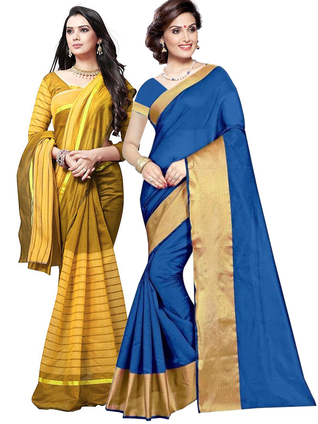 

SAADHVI Blue & Mustard Striped Silk Cotton Saree Pack Of 2