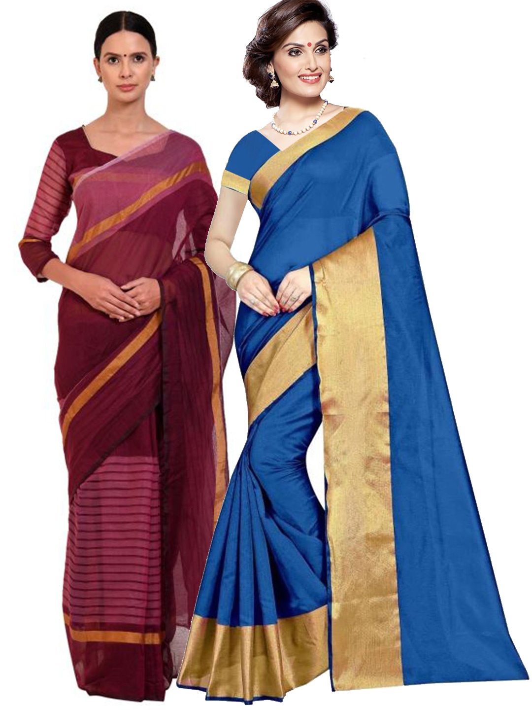 

SAADHVI Blue & Burgundy Set of 2 Striped Zari Silk Cotton Saree