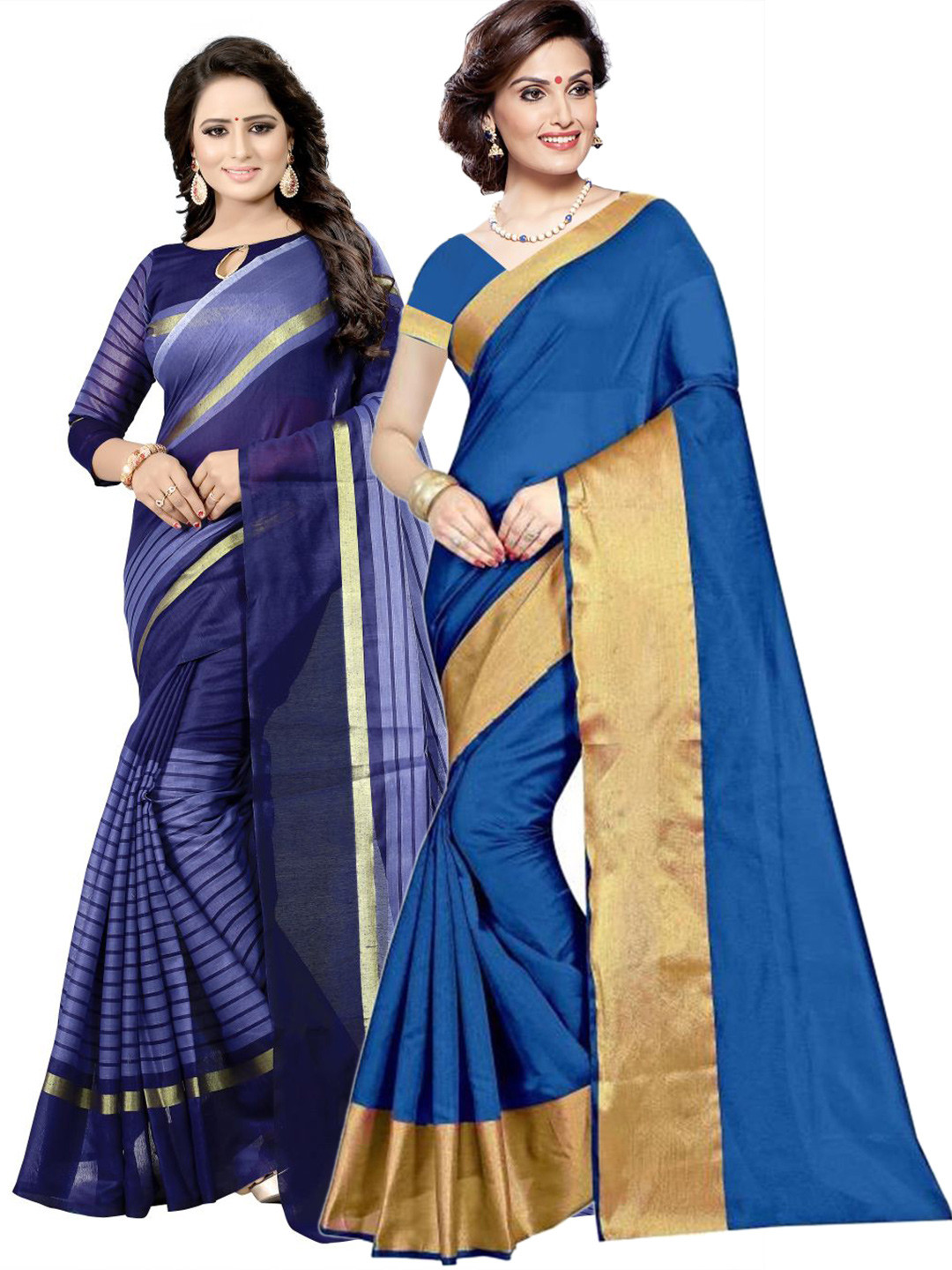 

SAADHVI Pack of 2 Blue & Gold-Toned Striped Zari Silk Cotton Sarees
