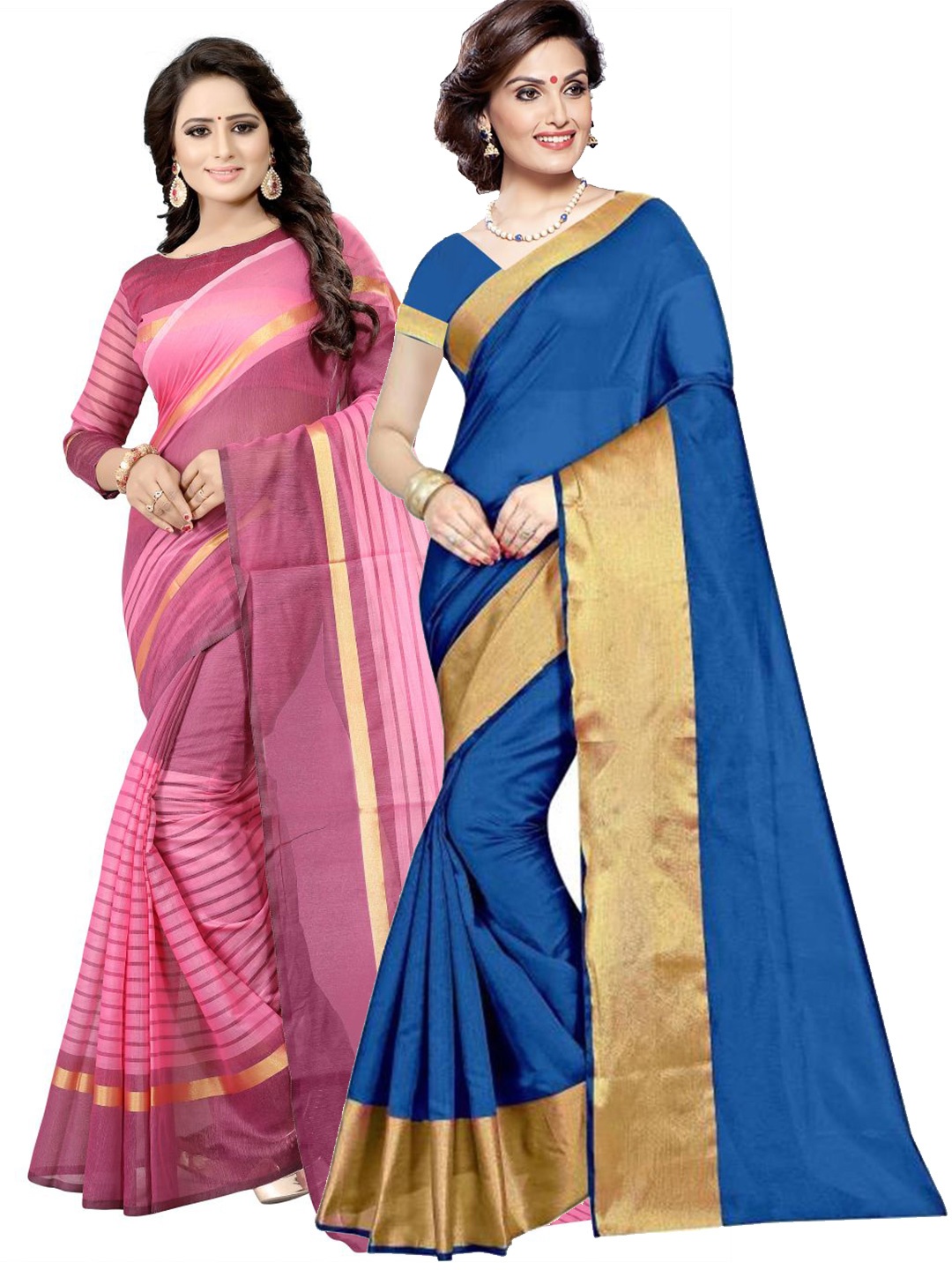 

SAADHVI Pack of 2 Blue & Pink Zari Silk Cotton Sarees