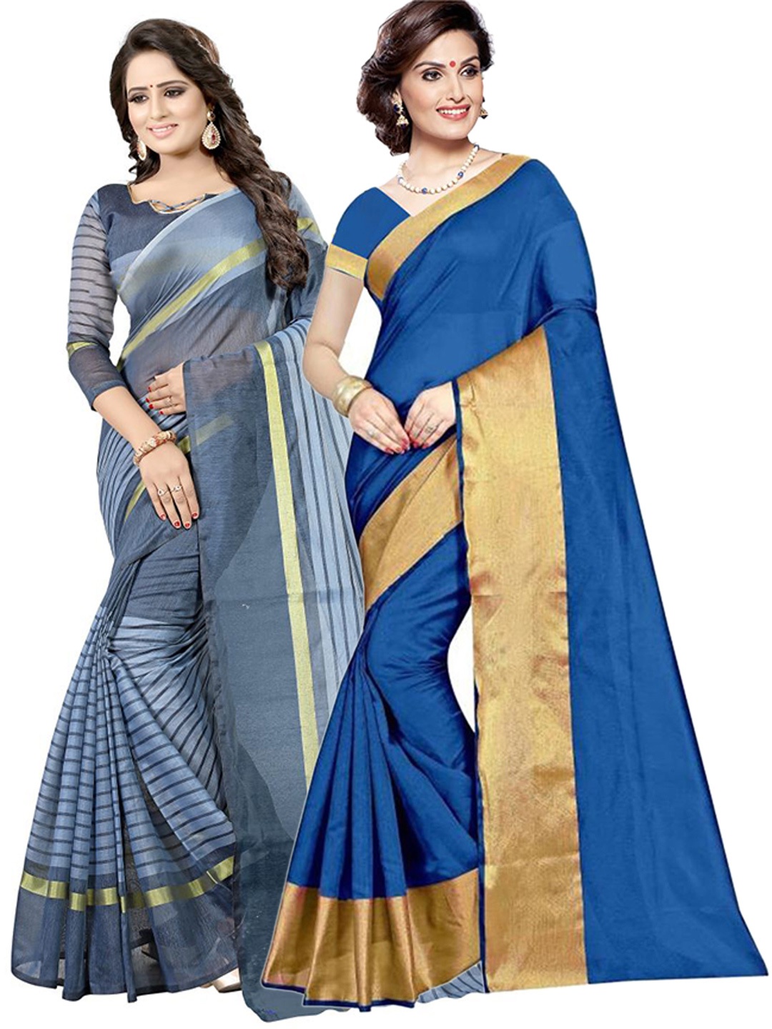 

SAADHVI Pack Of 2 Blue & Grey Striped Silk Cotton Saree