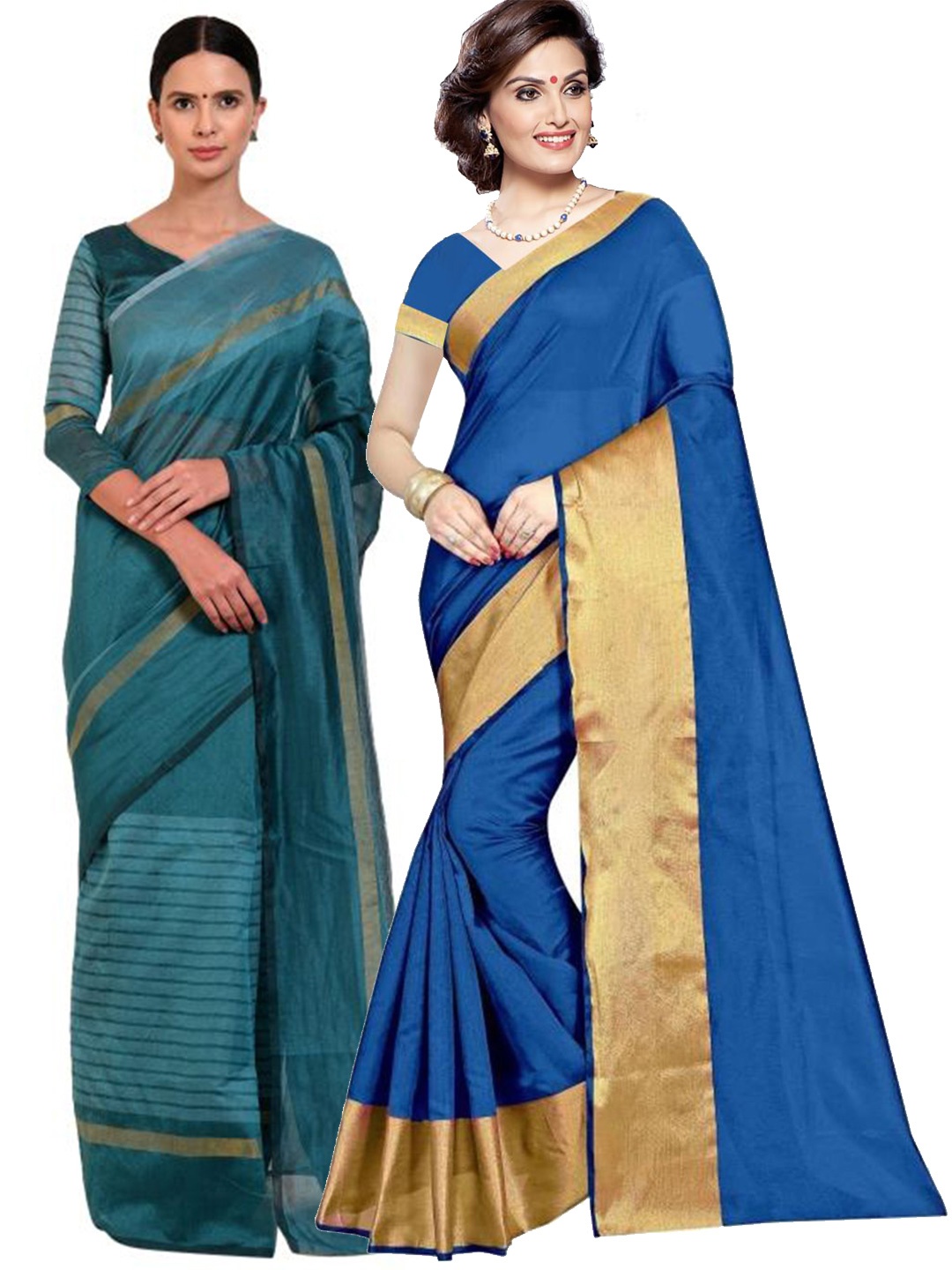 

SAADHVI Set Of 2 Blue & Teal Blue Zari Silk Cotton Saree