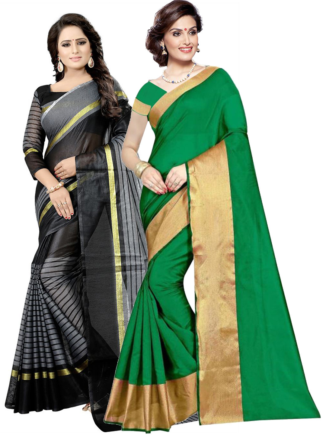 

SAADHVI Pack of 2 Green & Black Striped Zari Silk Cotton Saree