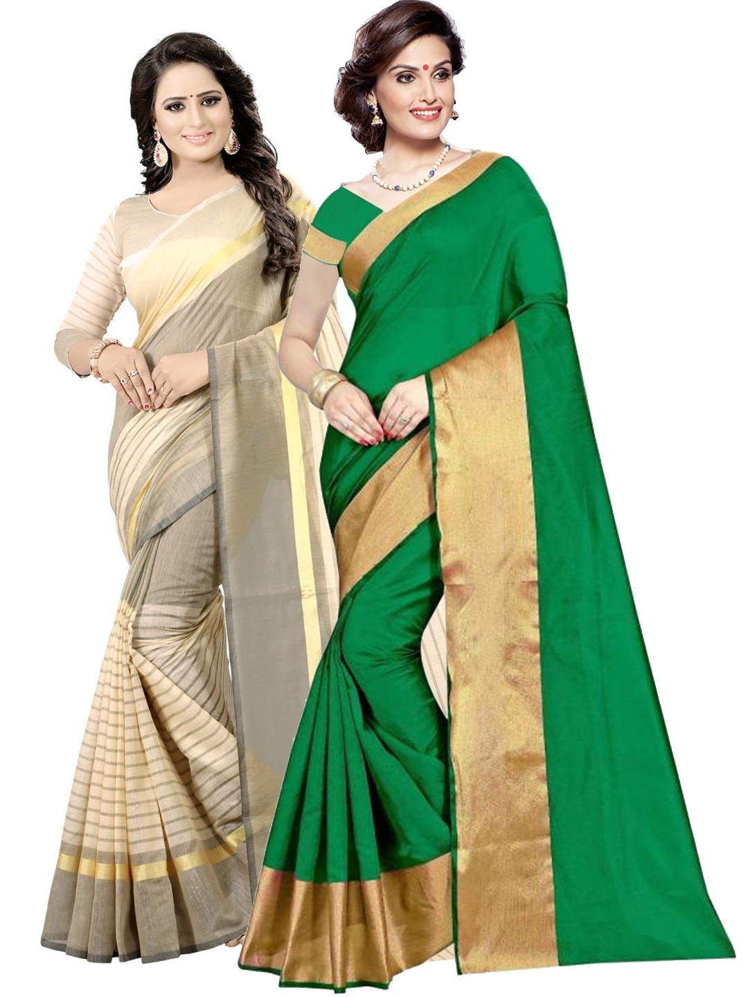 

SAADHVI Green & Cream-Coloured Striped Zari Silk Cotton Saree