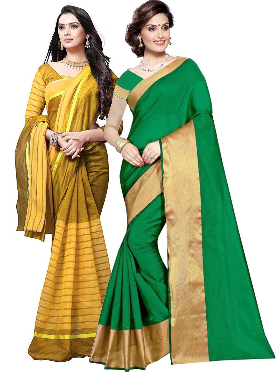 

SAADHVI Pack of 2 Green & Mustard Striped Silk Cotton Sarees