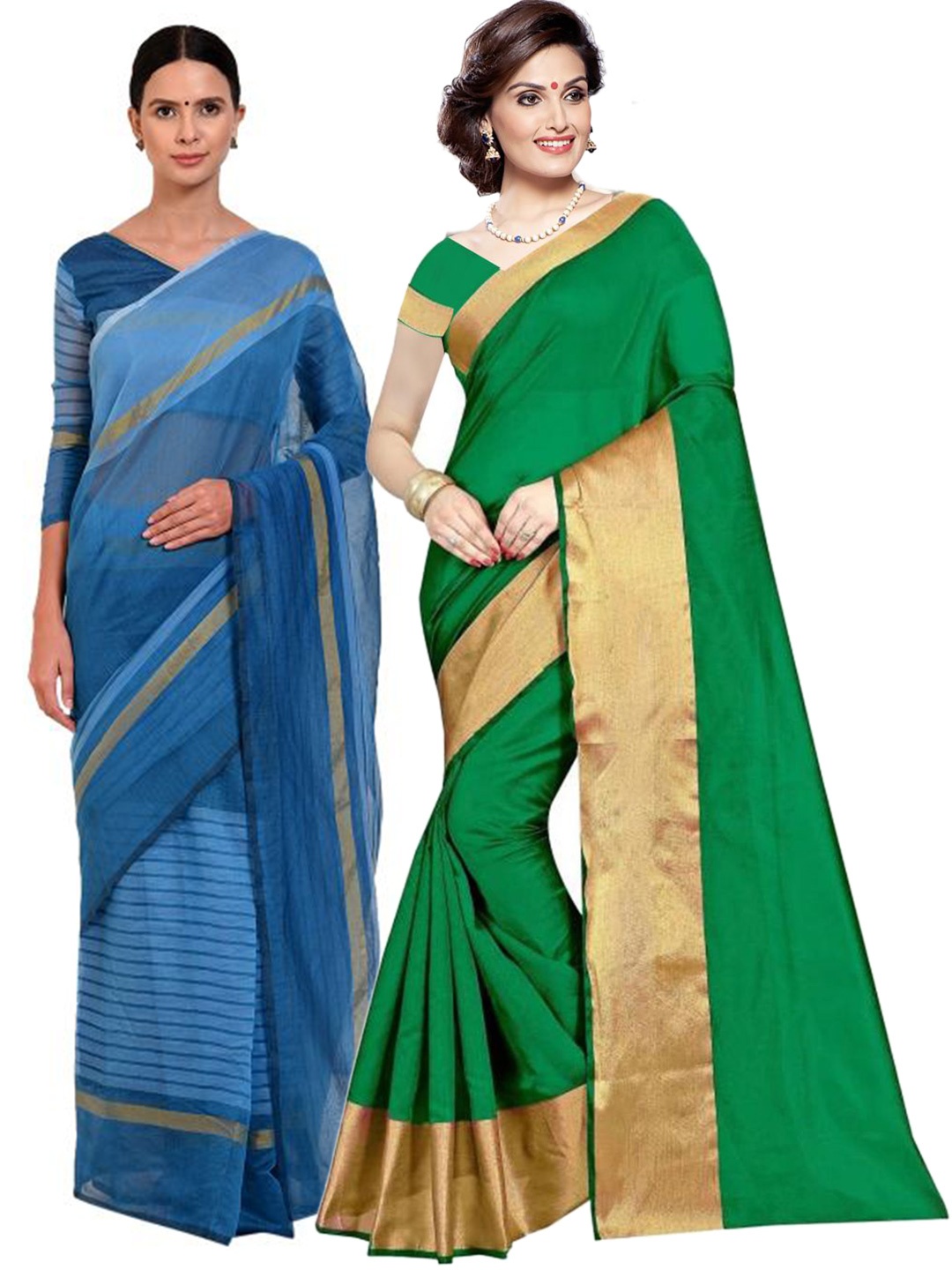 

SAADHVI Green & Turquoise Set of 2 Blue Striped Silk Cotton Saree