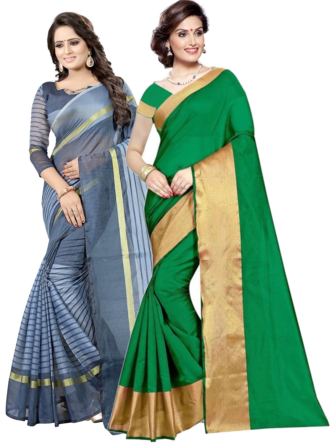 

SAADHVI Pack of 2 Green & Grey Striped Zari Silk Cotton Sarees