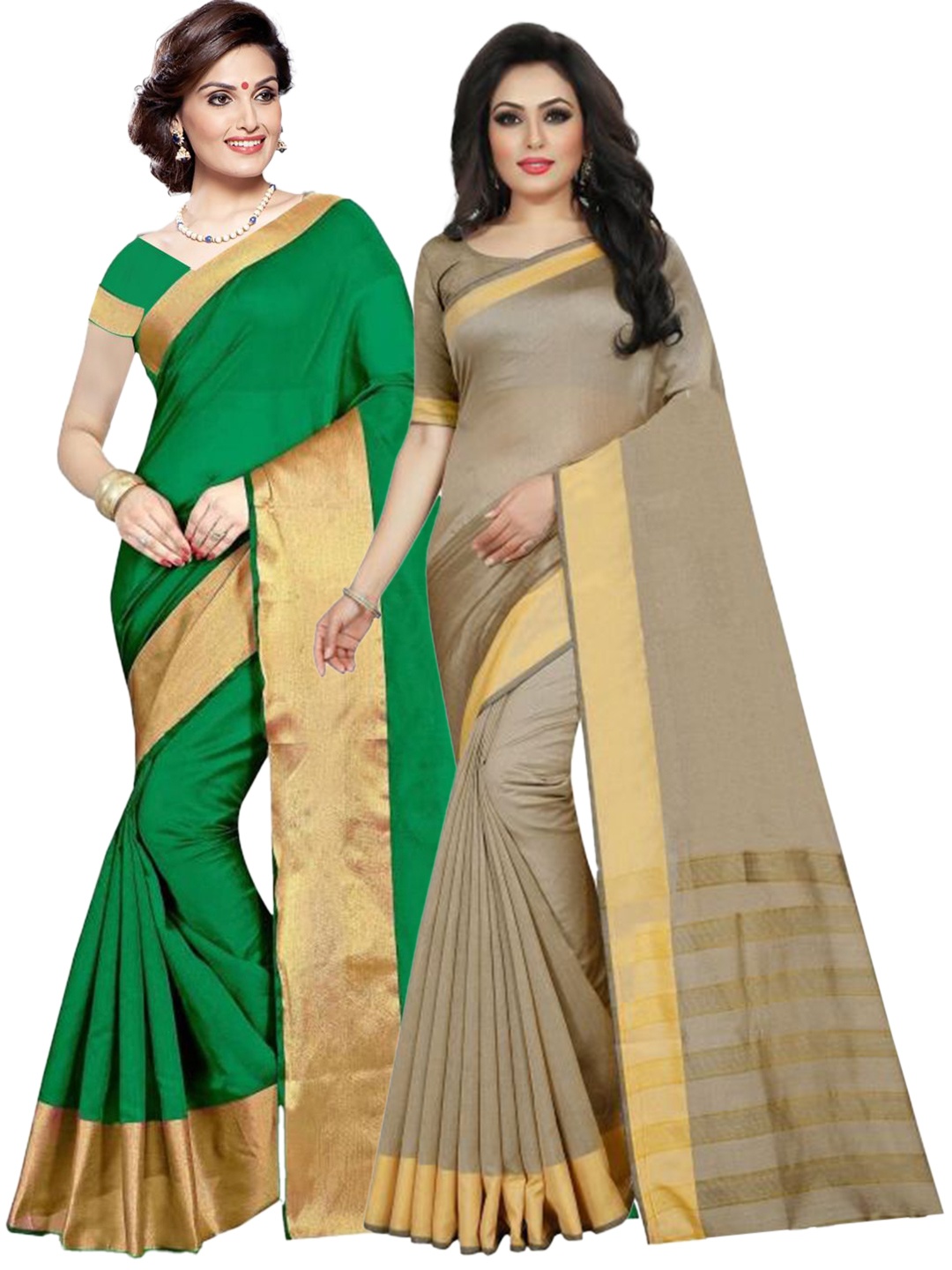 

SAADHVI Pack of 2 Green & Beige Zari Silk Cotton Sarees