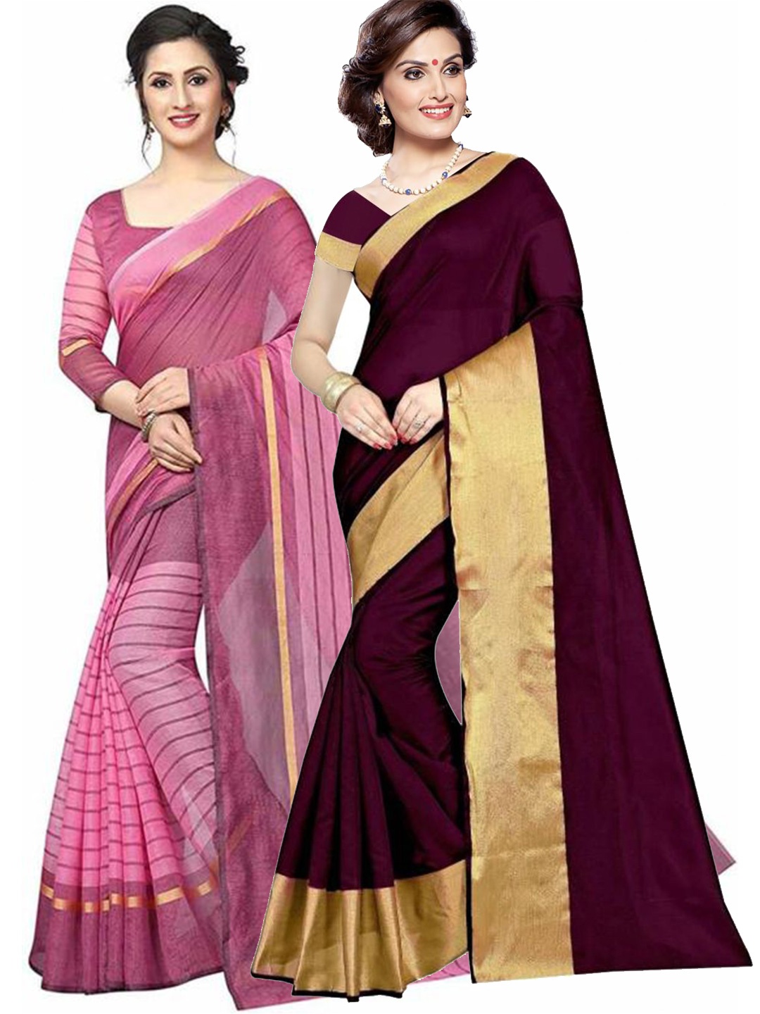 

SAADHVI Pack Of 2 Burgundy & Magenta Striped Zari Silk Cotton Saree