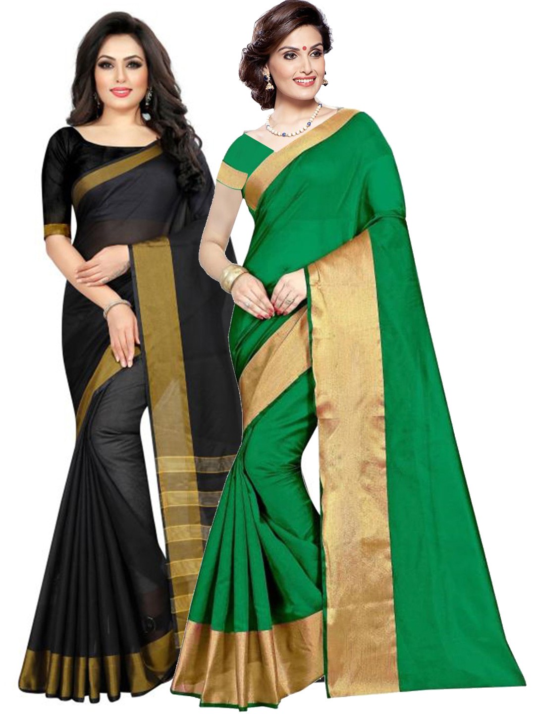

SAADHVI Set Of 2 Green & Black Zari Silk Cotton Saree