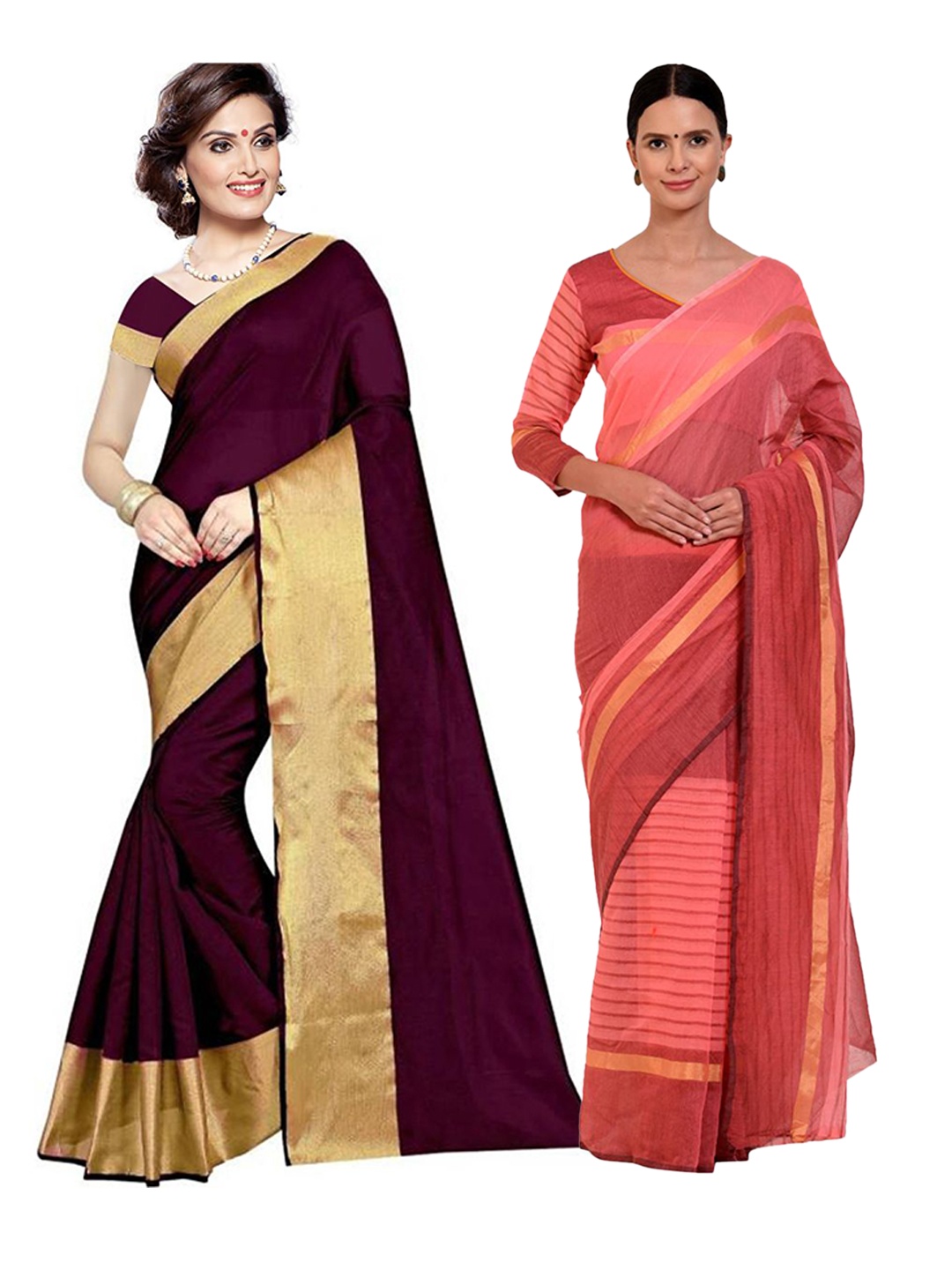 

SAADHVI Pack of 2 Burgundy & Pink Striped Zari Silk Cotton Saree