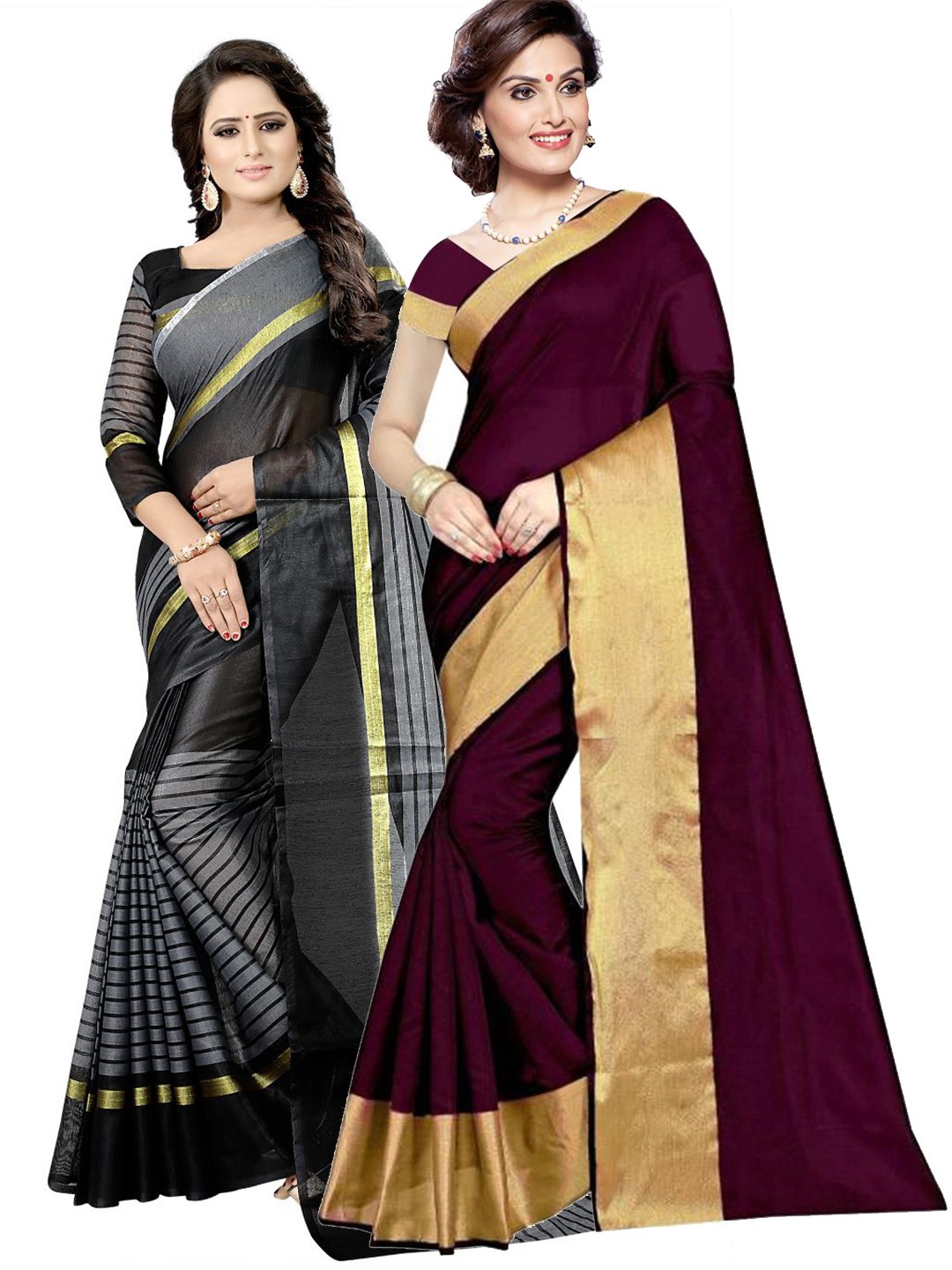 

SAADHVI Maroon & Grey Striped Silk Cotton Saree Pack Of 2