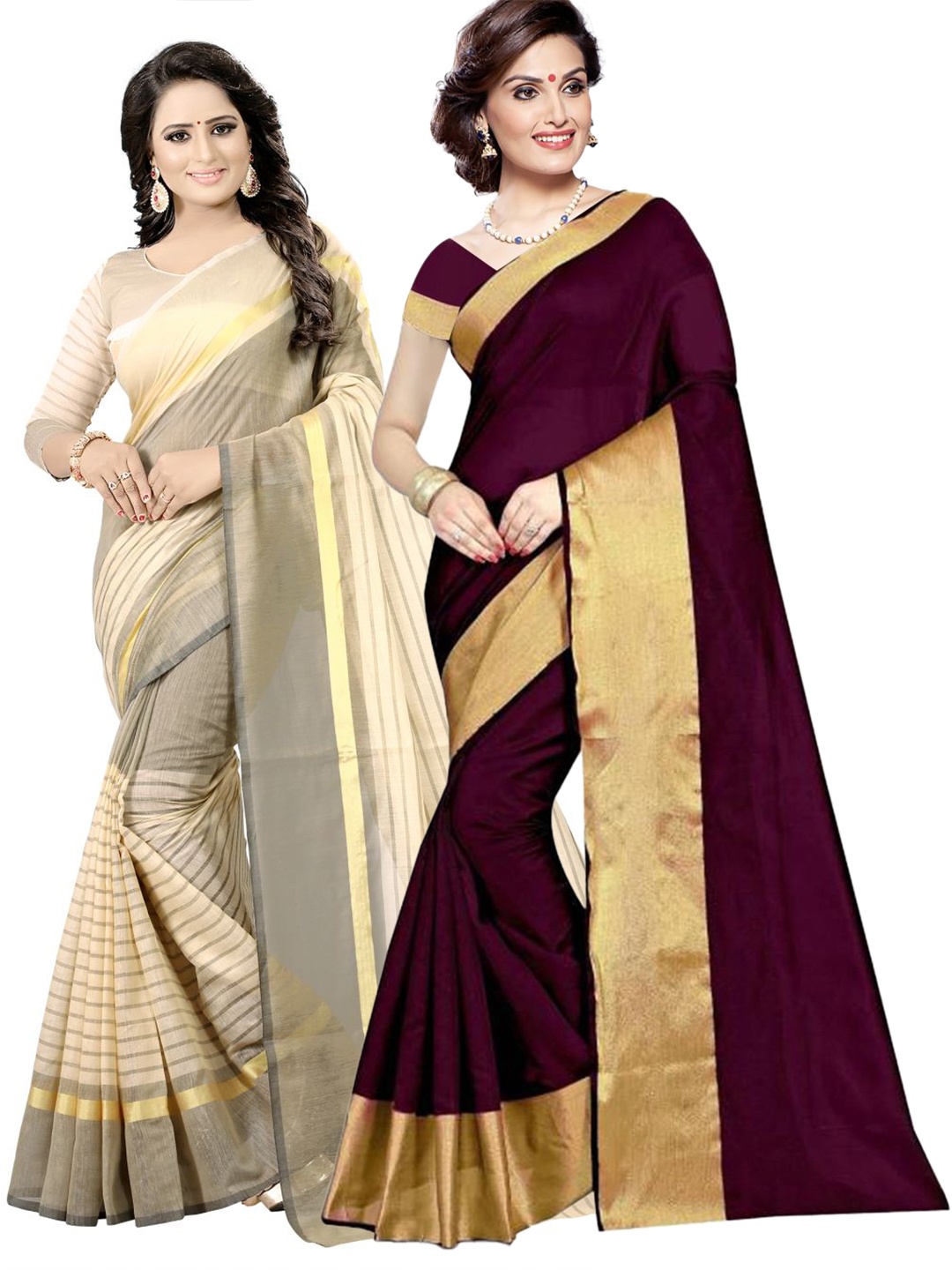 

SAADHVI Burgundy & Cream-Coloured Set of 2 Striped Zari Silk Cotton Saree