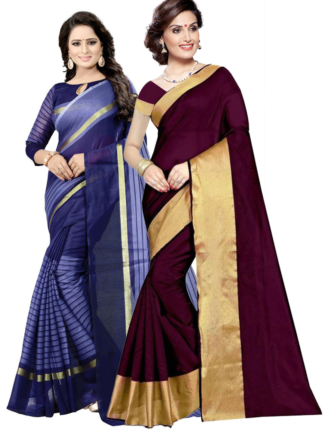

SAADHVI Pack of 2 Burgundy & Navy Blue Zari Silk Cotton Sarees