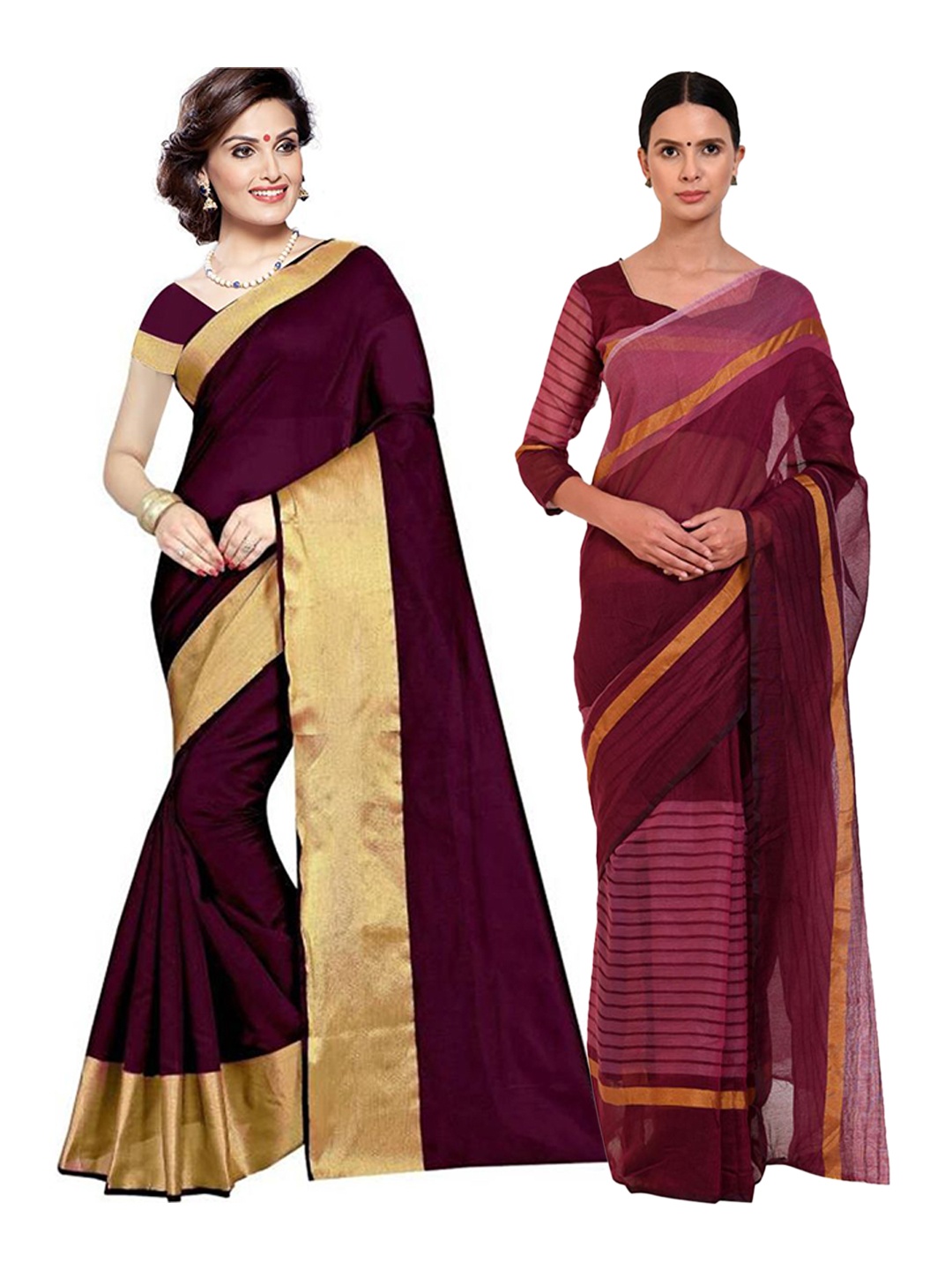 

SAADHVI Pack Of 2 Burgundy & Gold-Toned Striped Silk Cotton Saree