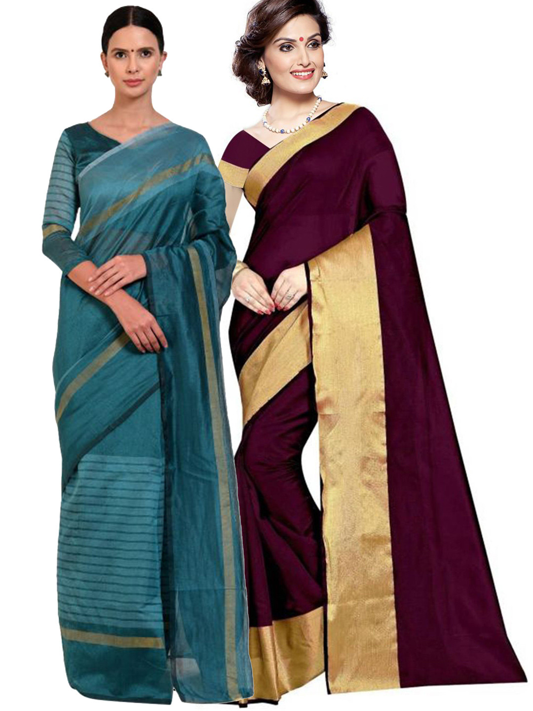 

SAADHVI Pack of 2 Burgundy & Teal Zari Silk Cotton Sarees