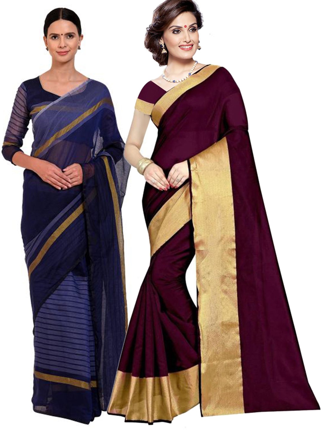 

SAADHVI Pack of 2 Burgundy & Navy Blue Striped Silk Cotton Saree