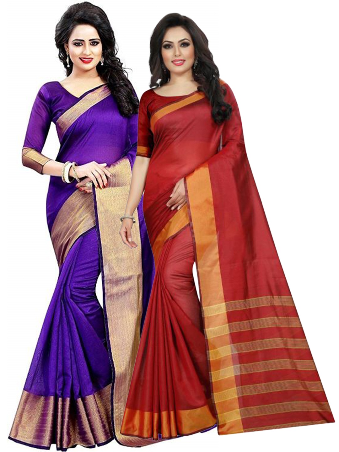 

SAADHVI Set Of 2 Purple & Maroon Zari Silk Cotton Saree