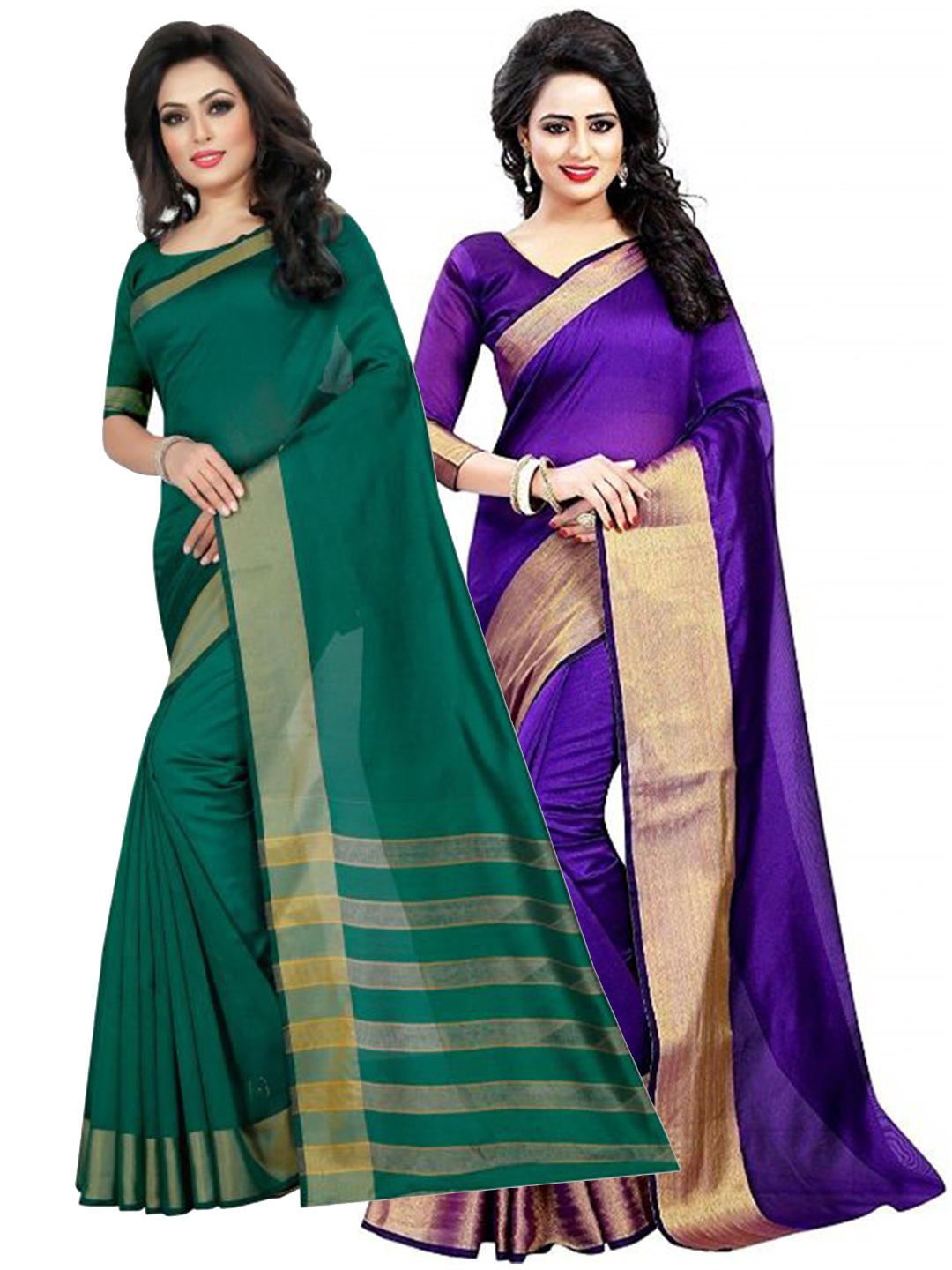 

SAADHVI Purple & Teal Striped Zari Silk Cotton Saree