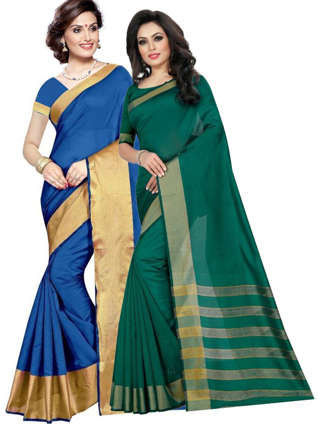 

SAADHVI Pack of 2 Blue & Teal Green Zari Silk Cotton Sarees