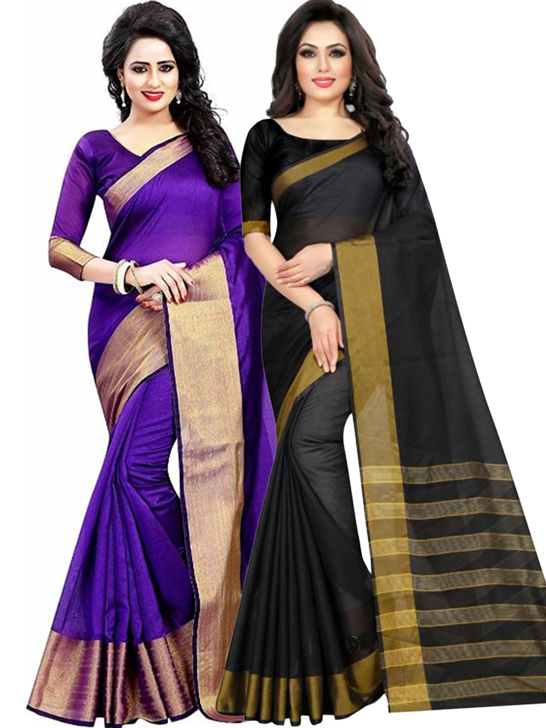 

SAADHVI Pack Of 2 Purple & Black Striped Zari Silk Cotton Saree