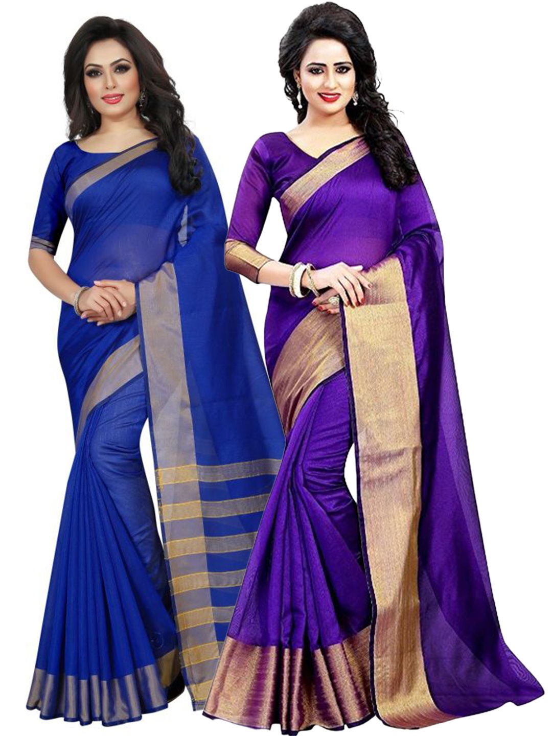 

SAADHVI Set Of 2 Purple & Blue Zari Silk Cotton Saree