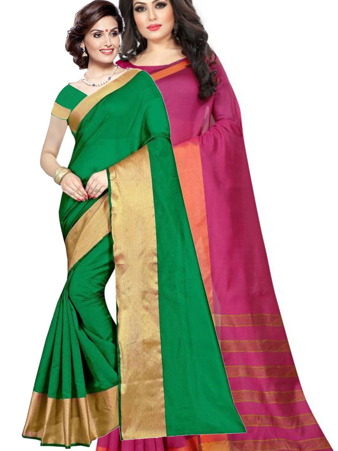 

SAADHVI Pack of 2 Green & Magenta Silk Cotton Saree