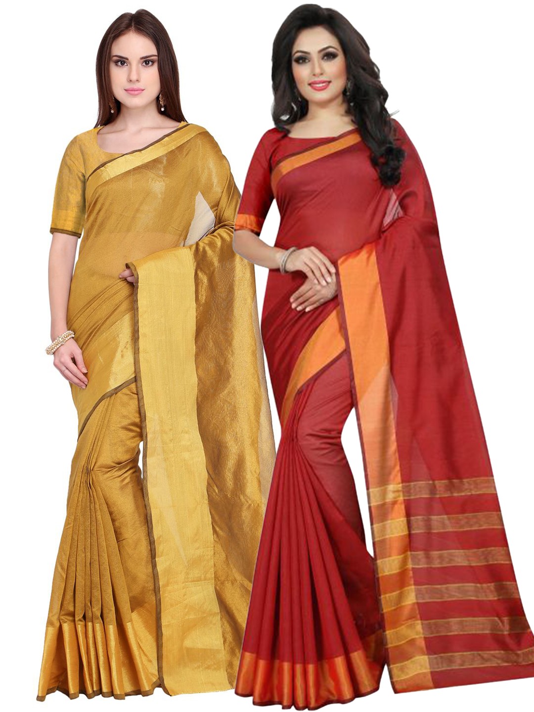 

SAADHVI Pack of 2 Gold-Toned & Red Zari Silk Cotton Sarees