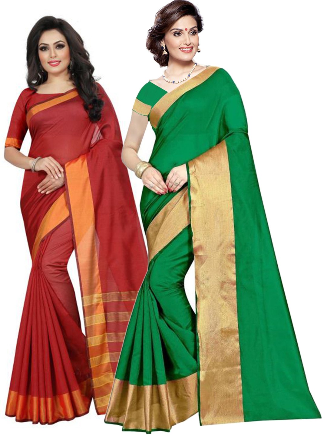 

SAADHVI Green & Red Striped Zari Silk Cotton Saree