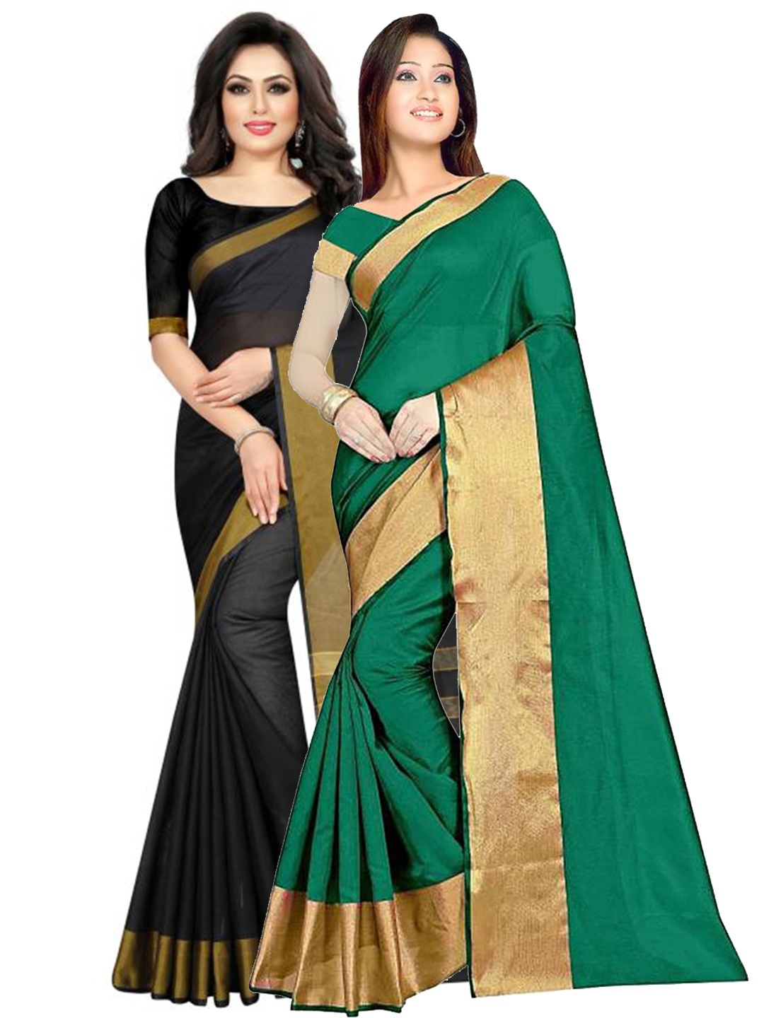 

SAADHVI Pack of 2 Green & Black Striped Zari Silk Cotton Sarees