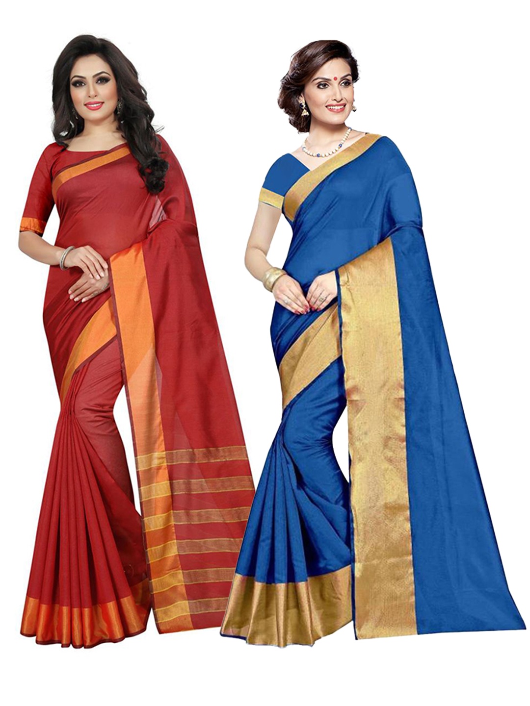 

SAADHVI Pack Of 2 Blue & Red Striped Silk Cotton Saree