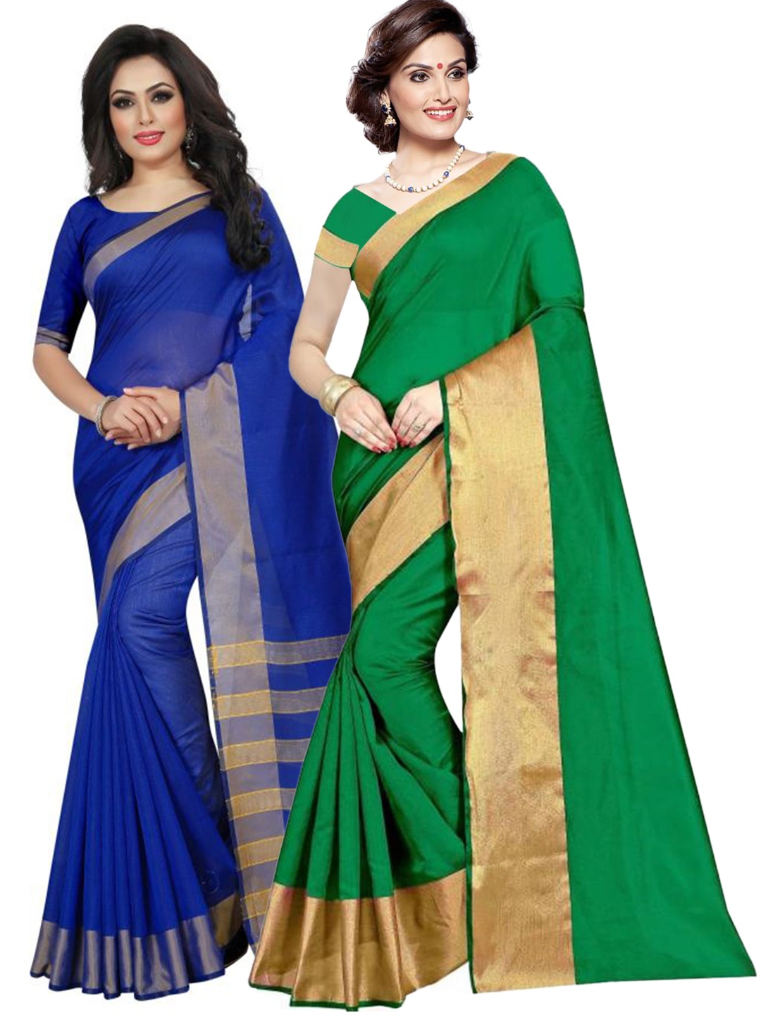 

SAADHVI Pack of 2 Green & Blue Zari Silk Cotton Saree