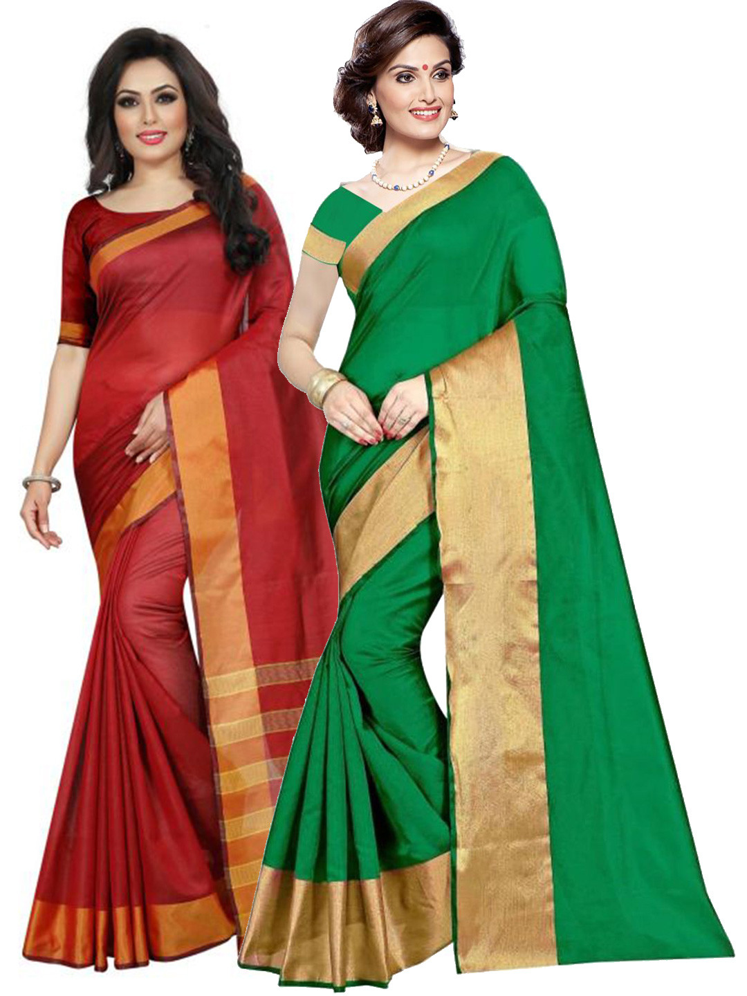 

SAADHVI Pack of 2 Green & Maroon Zari Silk Cotton Sarees