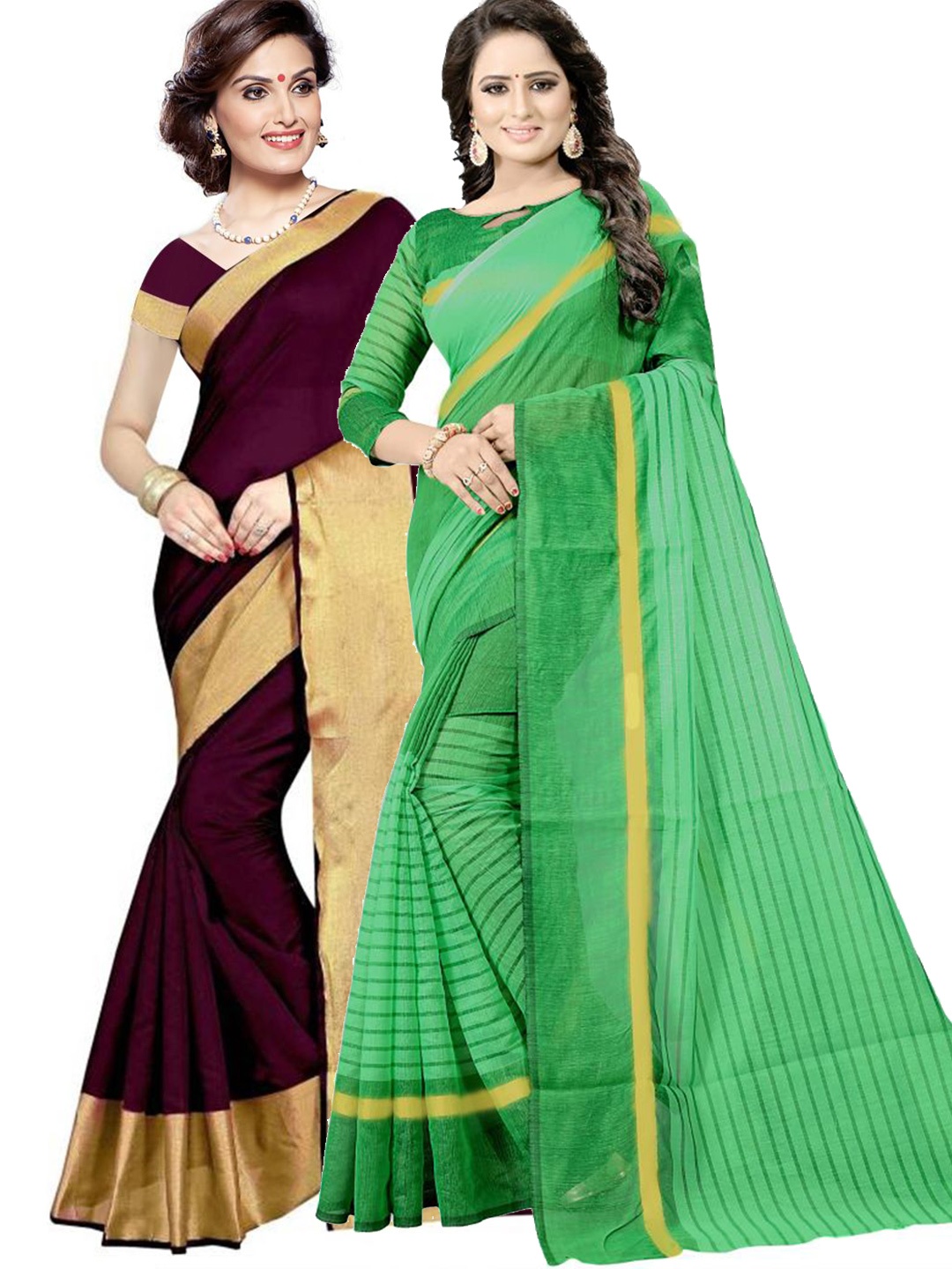 

SAADHVI Maroon & Green Striped Silk Cotton Saree Pack Of 2