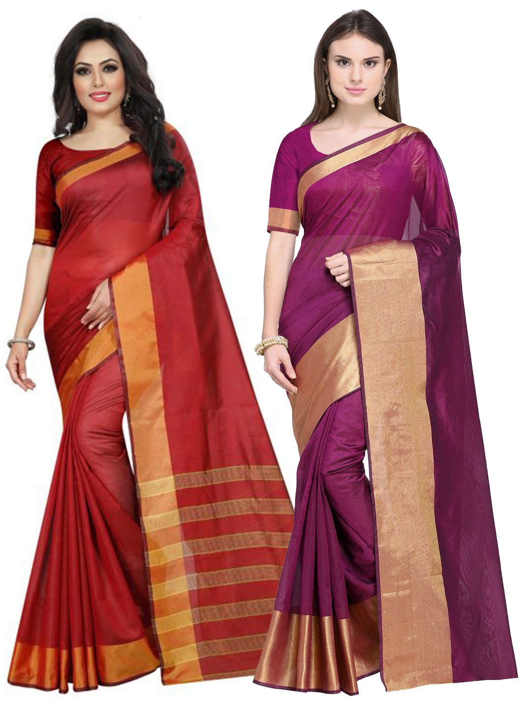

SAADHVI Maroon & Burgundy Set of 2 Silk Cotton Saree