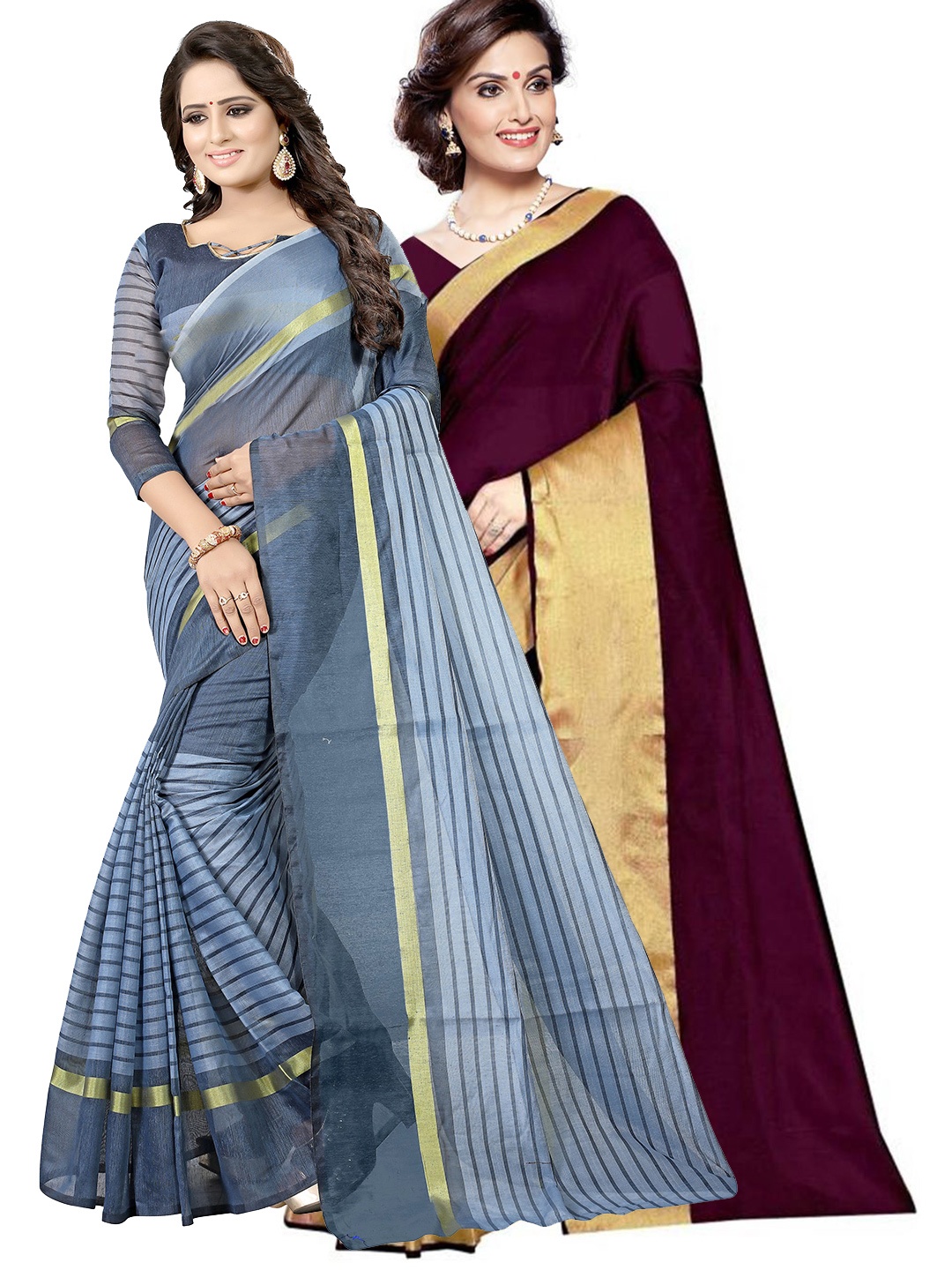 

SAADHVI Pack of 2 Burgundy & Grey Zari Silk Cotton Sarees