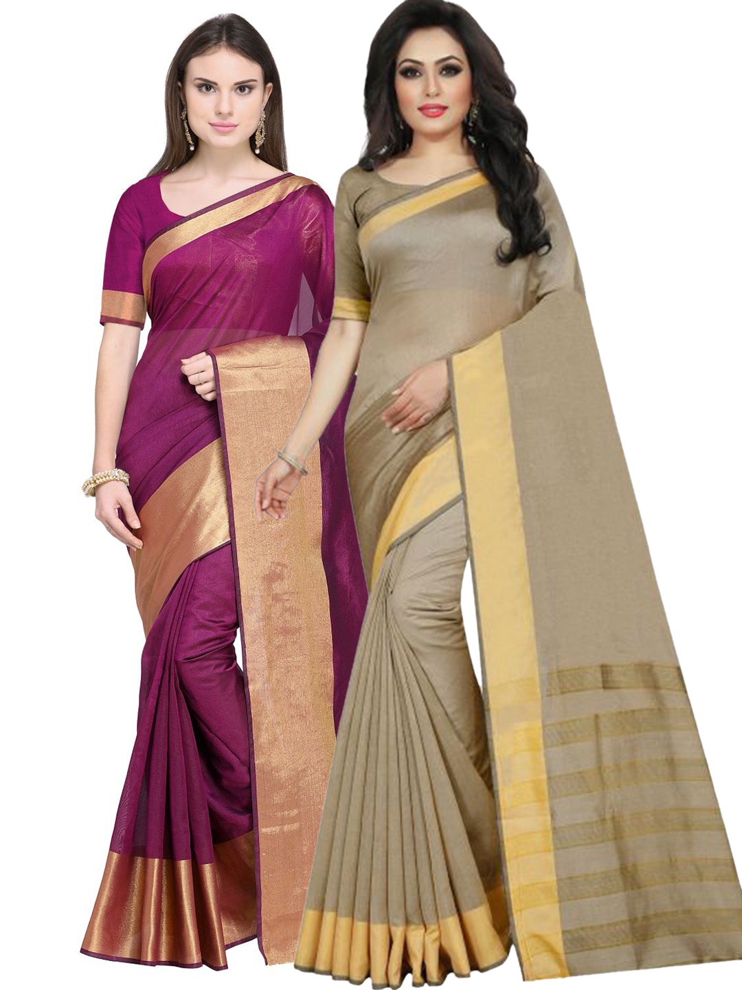

SAADHVI Pack of 2 Maroon & Beige Striped Zari Silk Cotton Sarees