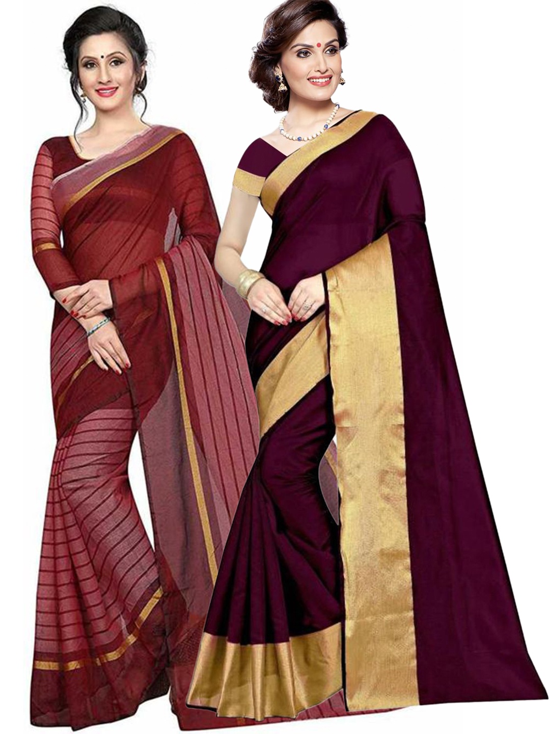 

SAADHVI Pack Of 2 Burgundy & Maroon Striped Zari Silk Cotton Saree