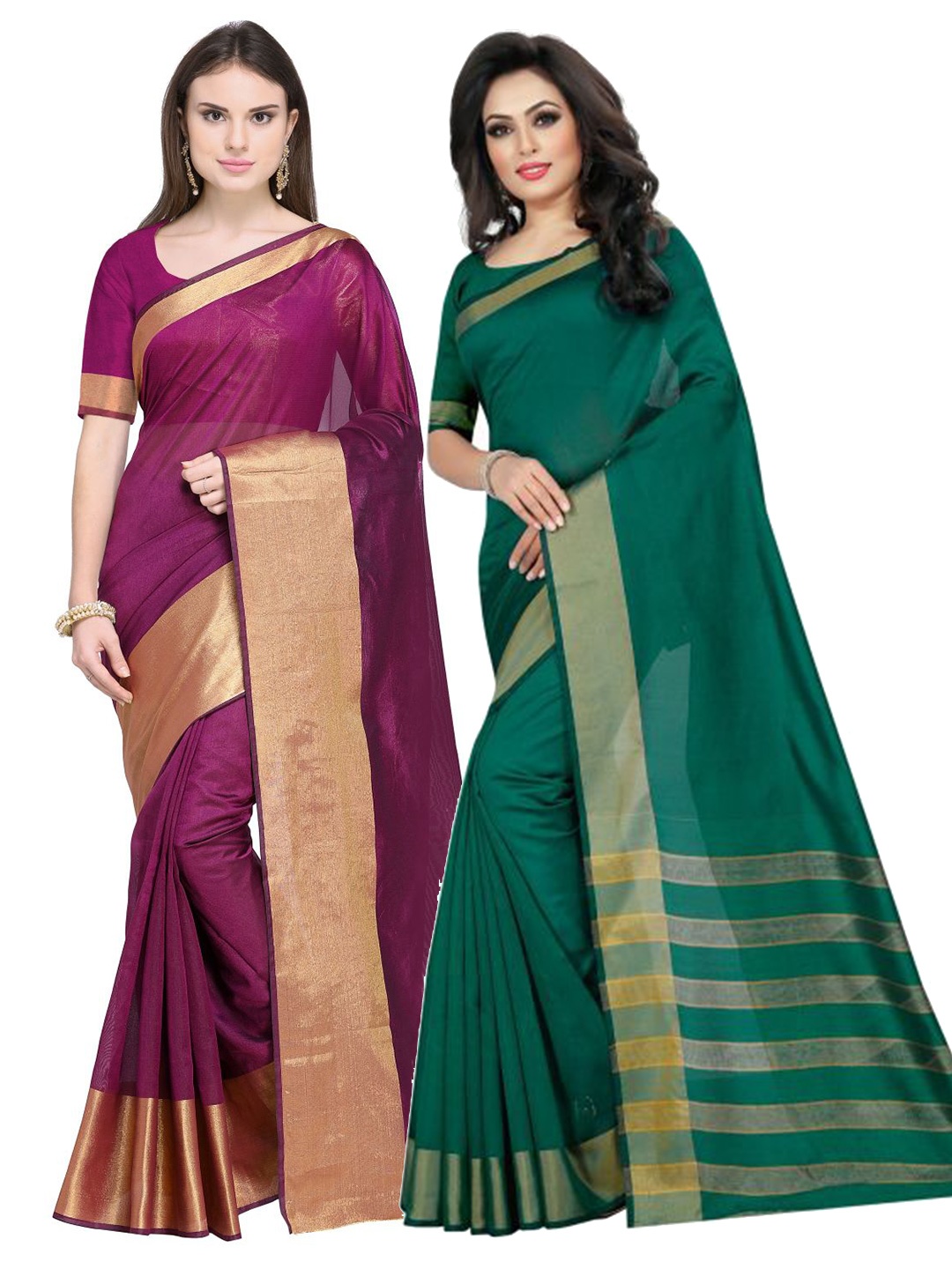 

SAADHVI Pack of 2 Maroon & Teal Silk Cotton Saree