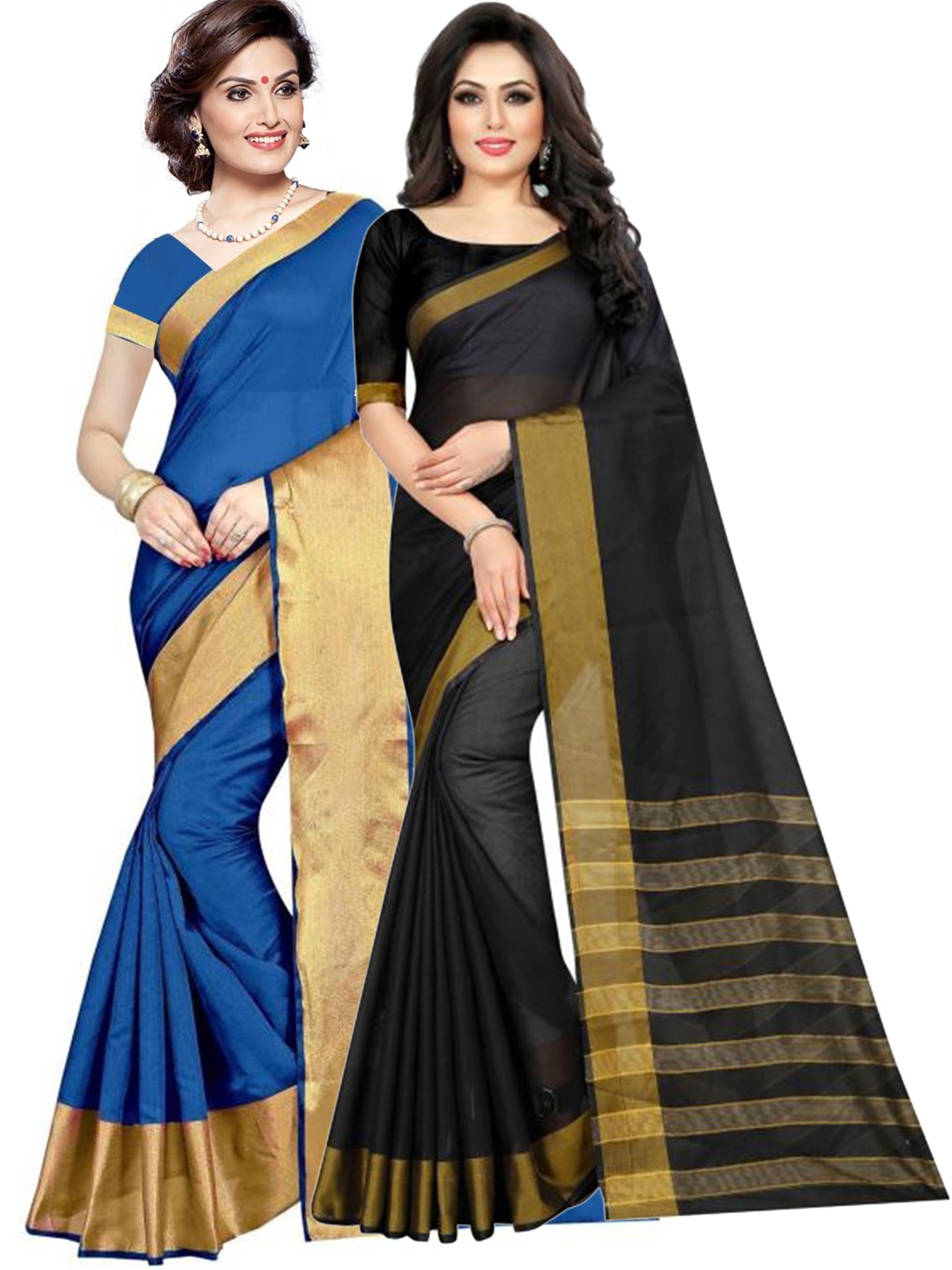 

SAADHVI Pack of 2 Blue & Black Zari Silk Cotton Sarees
