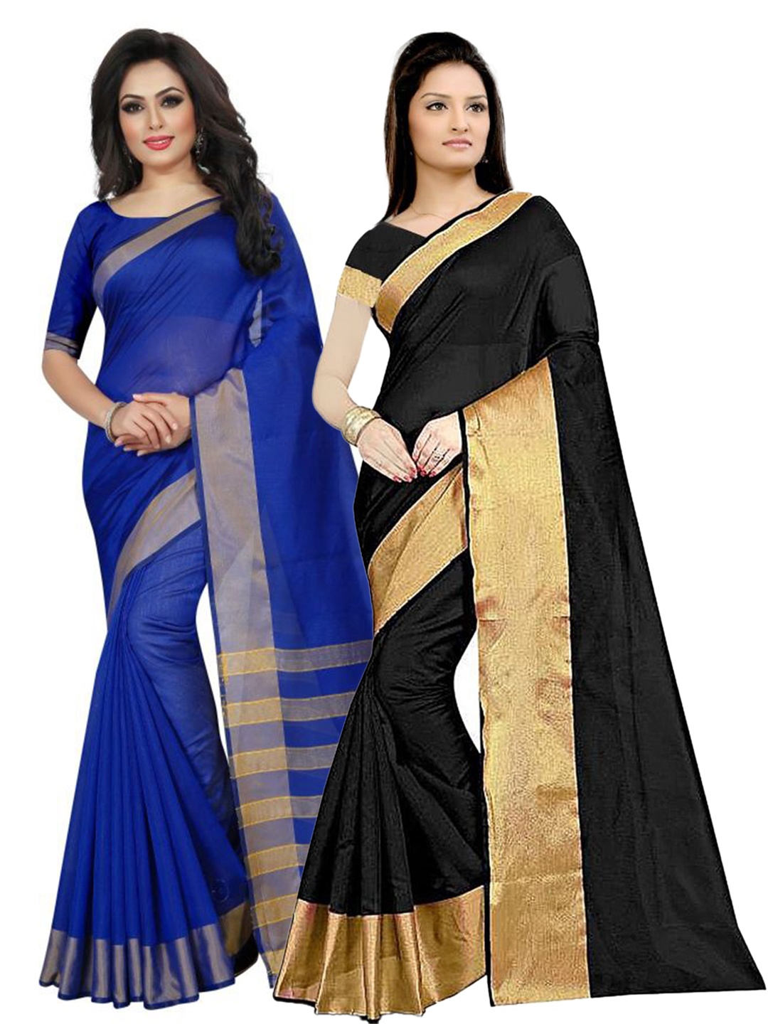 

SAADHVI Set Of 2 Black & Blue Zari Silk Cotton Saree
