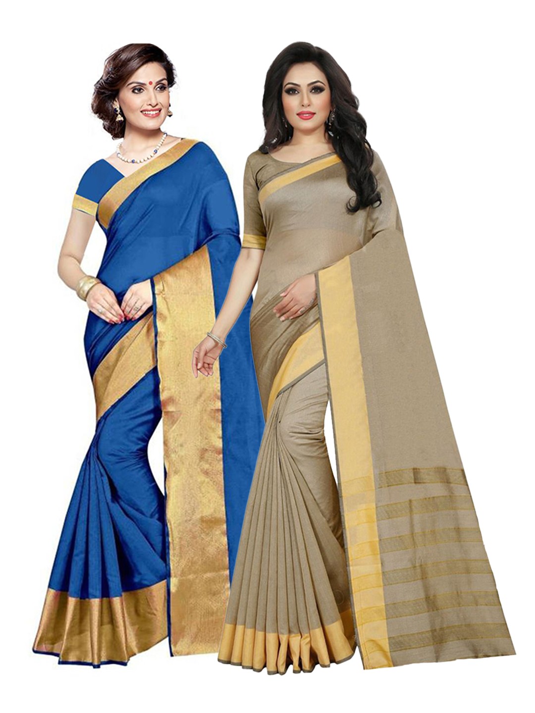

SAADHVI Blue & Beige Set of 2 Zari Silk Cotton Saree