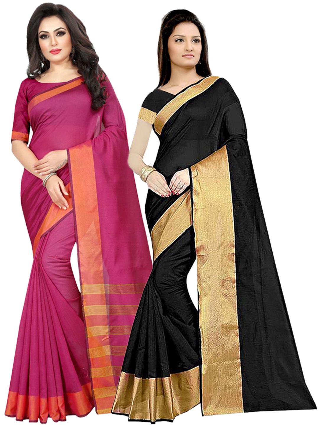 

SAADHVI Pack Of 2 Black & Pink Striped Zari Silk Cotton Saree